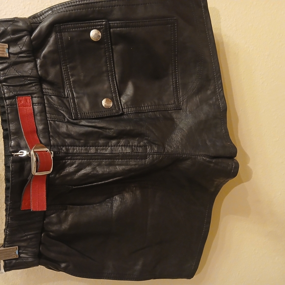 Black Leather Cargo Shorts with Red Accents